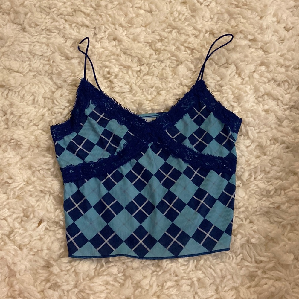 Blue Checkered Laced Crop Top